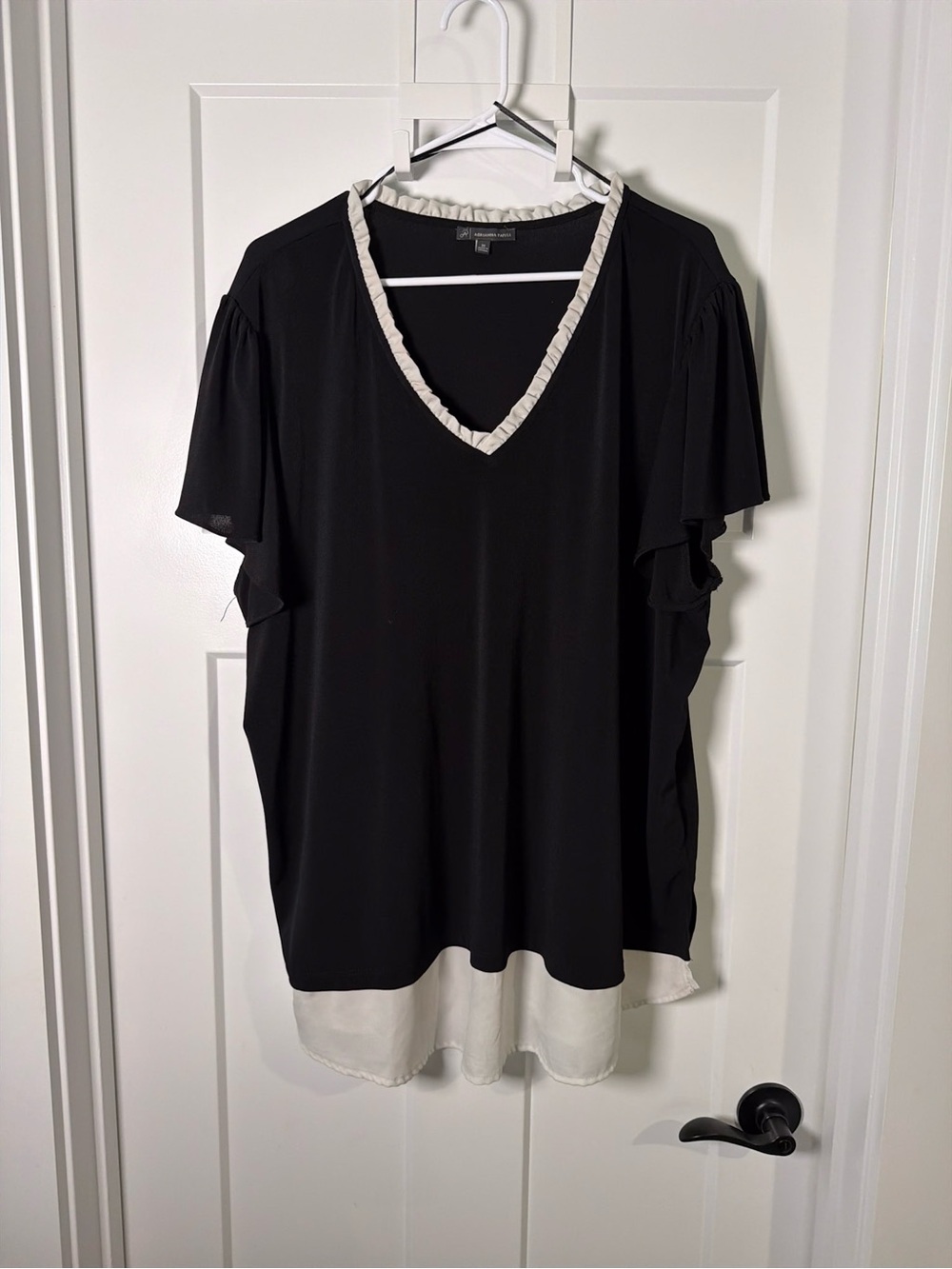 Black V-Neck Ruffle Sleeve Top with Cream Trim